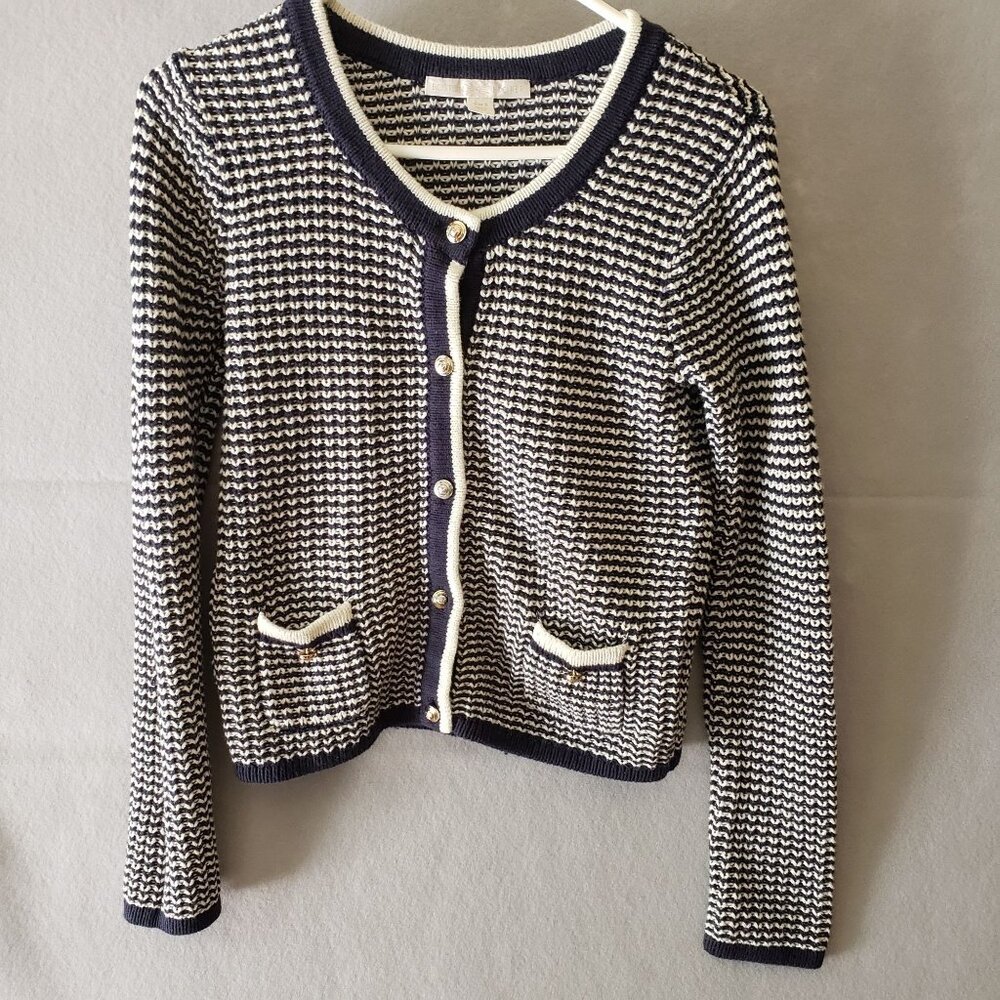 Boston Proper Womens Navy White Cardigan Sweater Size S 60 Cotton 40 Acrylic EUC